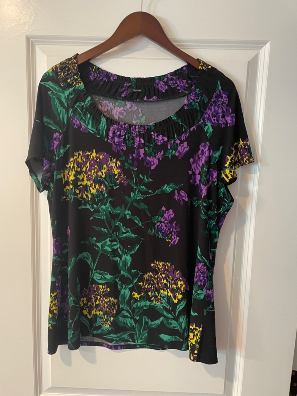 Tahari Black Short-Sleeve Top with Purple, Green & Yellow Floral Print